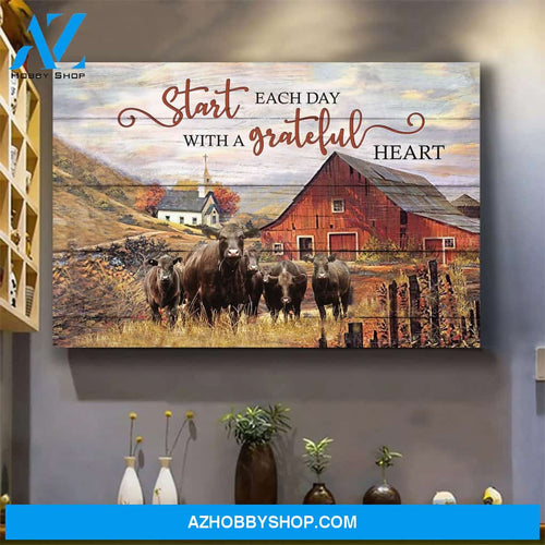 Cow on farm - Start each day with a grateful heart - Jesus Landscape Canvas Prints - Wall Art