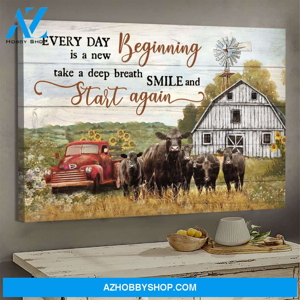Cow on peaceful farm - Every day is a new beginning - Jesus Landscape Canvas Prints, Wall Art