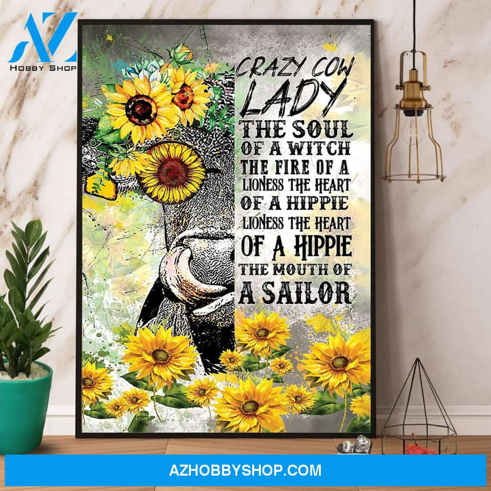 Cow Sunflower Crazy Cow Lady The Heart Of A Hippie Canvas And Poster, Wall Decor Visual Art