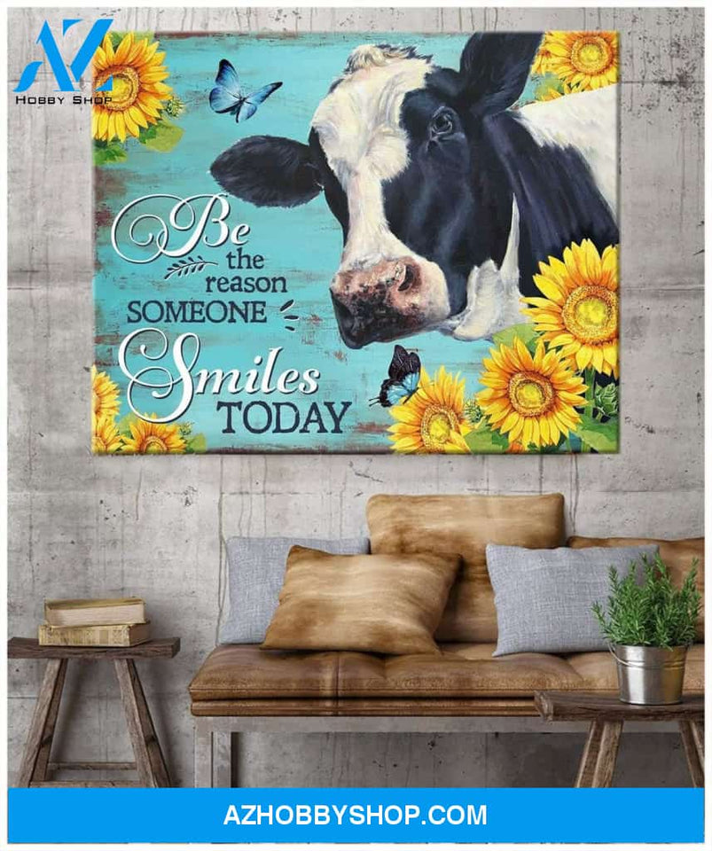 Cow Sunflower Premium Canvas Wall Art, Wall Decor Visual Art - Be the Reason Someone Smiles Today Premium Canvas