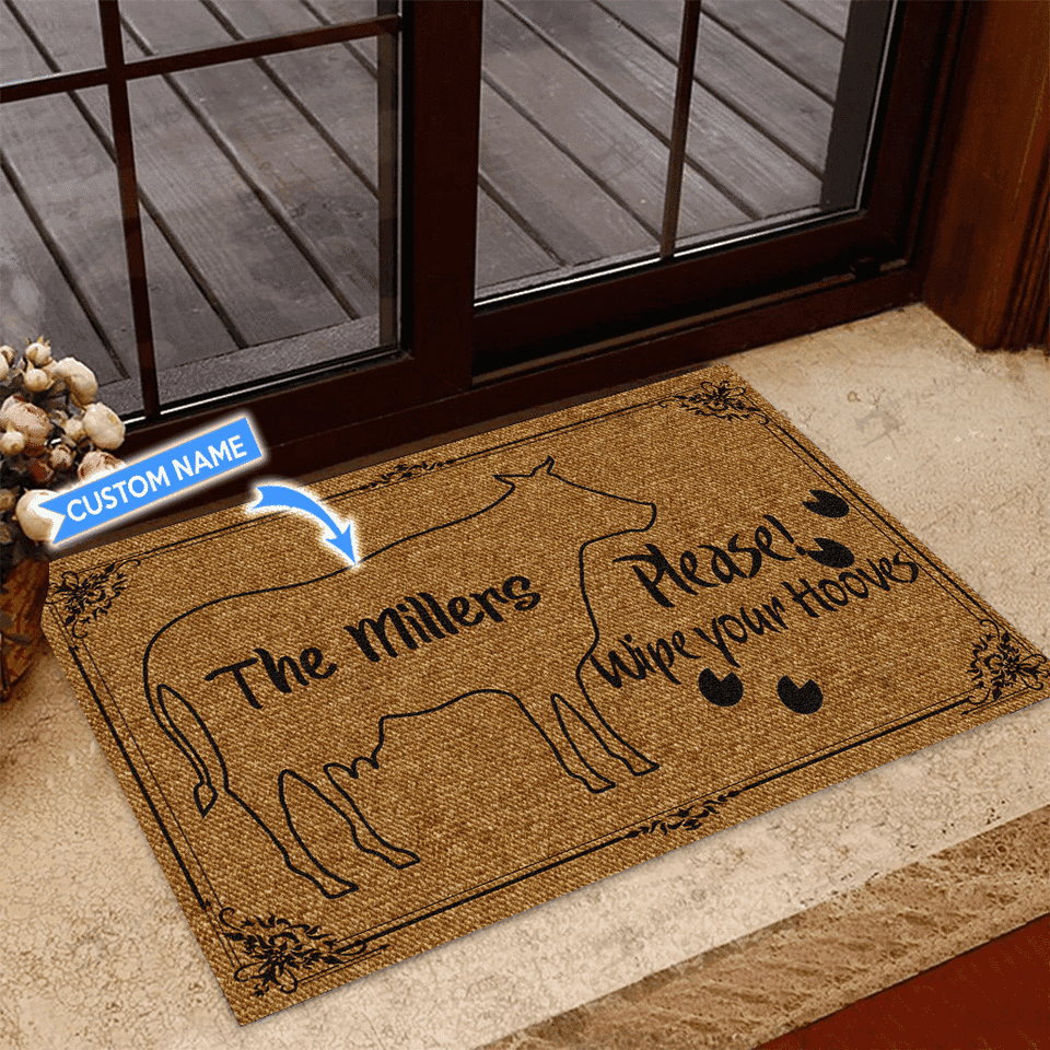 Cow Wipe Your Hooves Personalized Custom Name Doormat Welcome Mat