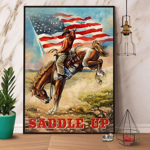Cowboy Saddle Up American Flag Paper Poster No Frame Matte Canvas Wall Decor