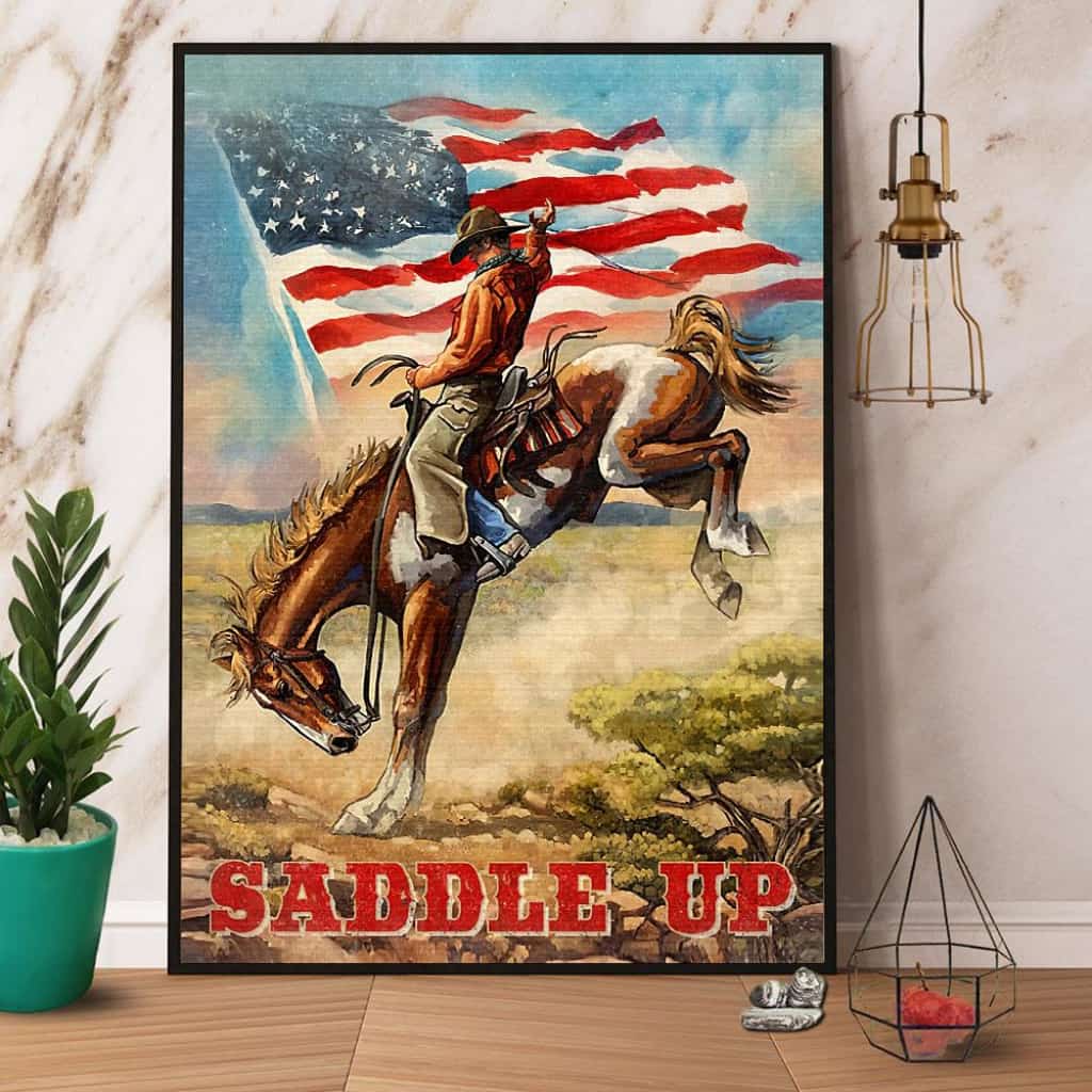 Cowboy Saddle Up American Flag Paper Poster No Frame Matte Canvas Wall Decor