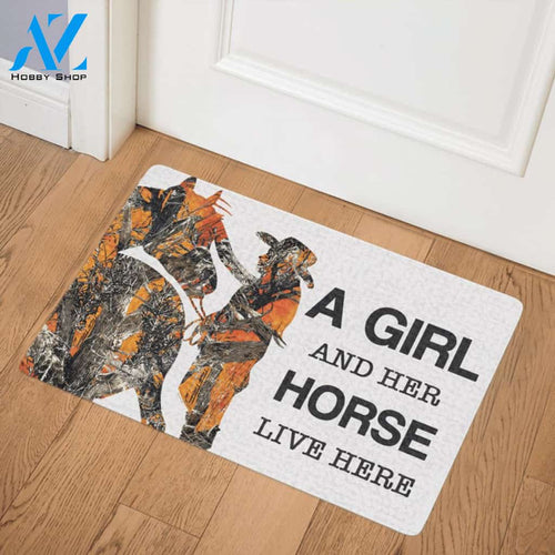 Cowgirl A Girl And Her Horse Live Here Easy Clean Welcome DoorMat | Felt And Rubber | DO2373