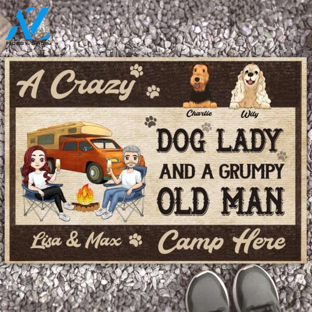 Crazy Dog Lady And Grumpy Old Man Camp Here - Personalized Custom Doormat