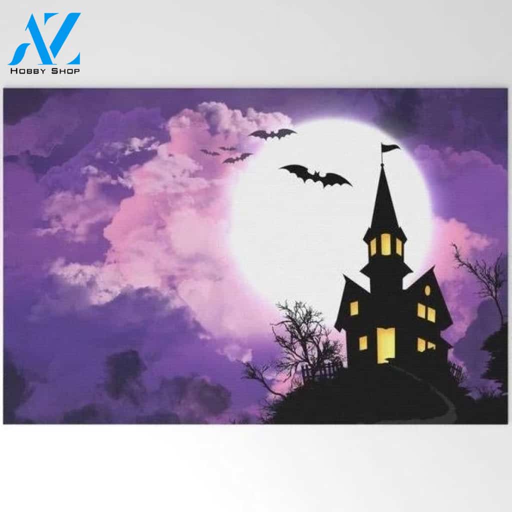 Creepy Haunted Castle With Bats At Full Moon Halloween Doormat Indoor and Outdoor Mat Entrance Rug Funny Home Decor Closing Gift Gift for Friend Idea