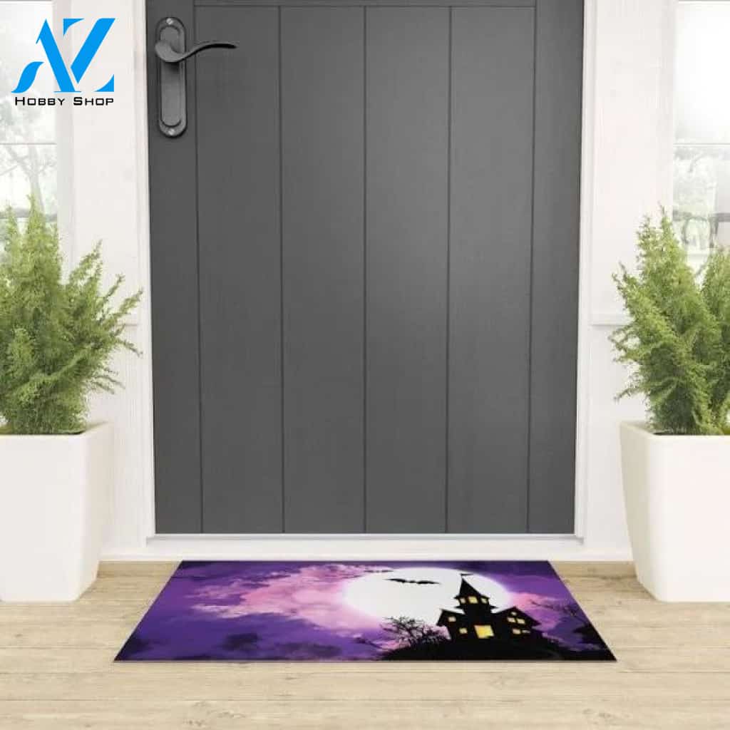 Creepy Haunted Castle With Bats At Full Moon Halloween Doormat Indoor and Outdoor Mat Entrance Rug Funny Home Decor Closing Gift Gift for Friend Idea