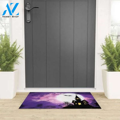 Creepy Haunted Castle With Bats At Full Moon Halloween Doormat Indoor and Outdoor Mat Entrance Rug Funny Home Decor Closing Gift Gift for Friend Idea