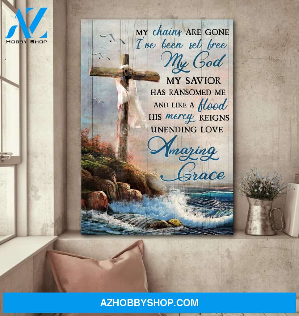 Cross on the sea - My chains are gone - Jesus Portrait Canvas Prints, Wall Art