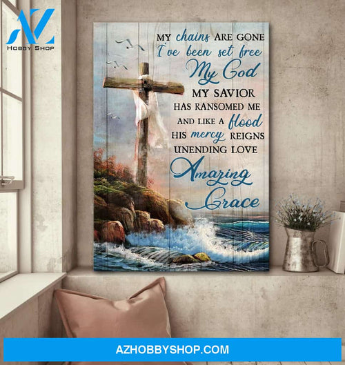 Cross on the sea - My chains are gone - Jesus Portrait Canvas Prints, Wall Art