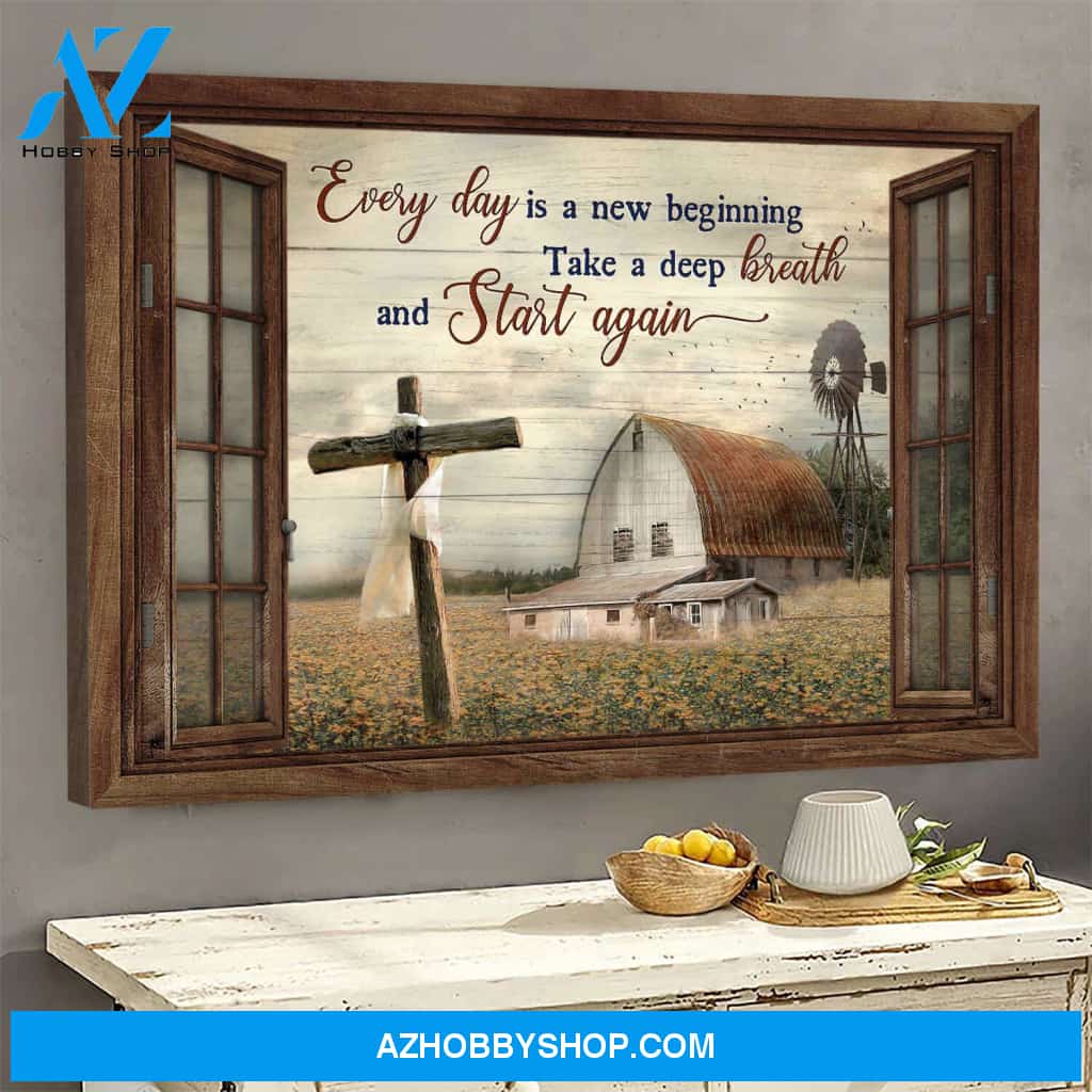 Cross with tranquil farm - Everyday is a new beginning - Jesus Landscape Canvas Prints - Wall Art