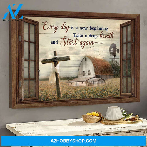 Cross with tranquil farm - Everyday is a new beginning - Jesus Landscape Canvas Prints - Wall Art