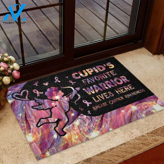 Cupid's Favorite Warrior Lives Here Breast Cancer Awareness Doormat | Welcome Mat | House Warming Gift