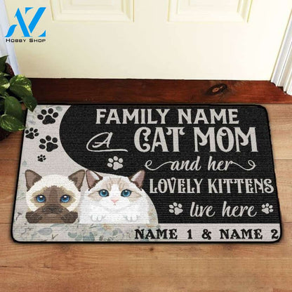 Custom An cat Mom and Her kittens Live Here Doormat | Welcome Mat | House Warming Gift