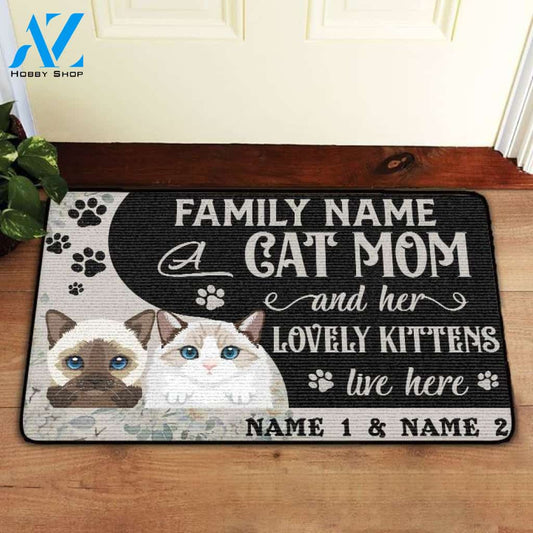 Custom An cat Mom and Her kittens Live Here Doormat | Welcome Mat | House Warming Gift