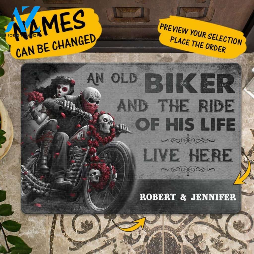 Custom An Old Biker And The Ride Of His Life Live Here Doormat | Welcome Mat | House Warming Gift