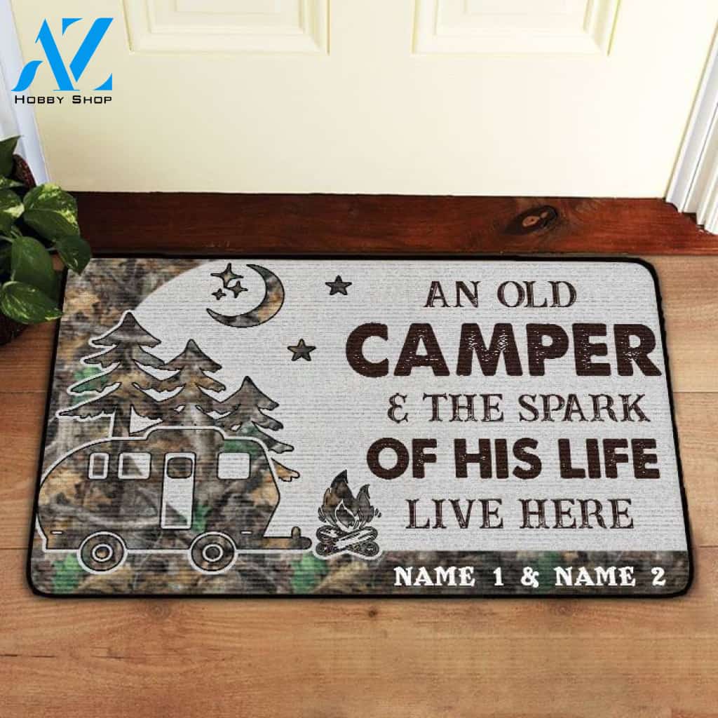 Custom An Old Camper And The Spark Of His Life Live Here Doormat | Welcome Mat | House Warming Gift