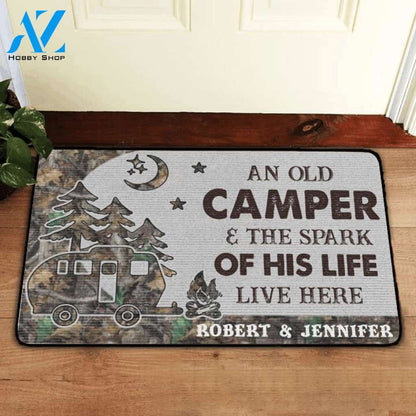 Custom An Old Camper And The Spark Of His Life Live Here Doormat | Welcome Mat | House Warming Gift