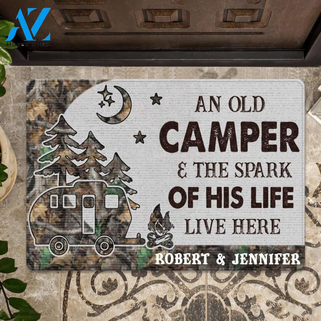 Custom An Old Camper And The Spark Of His Life Live Here Doormat | Welcome Mat | House Warming Gift