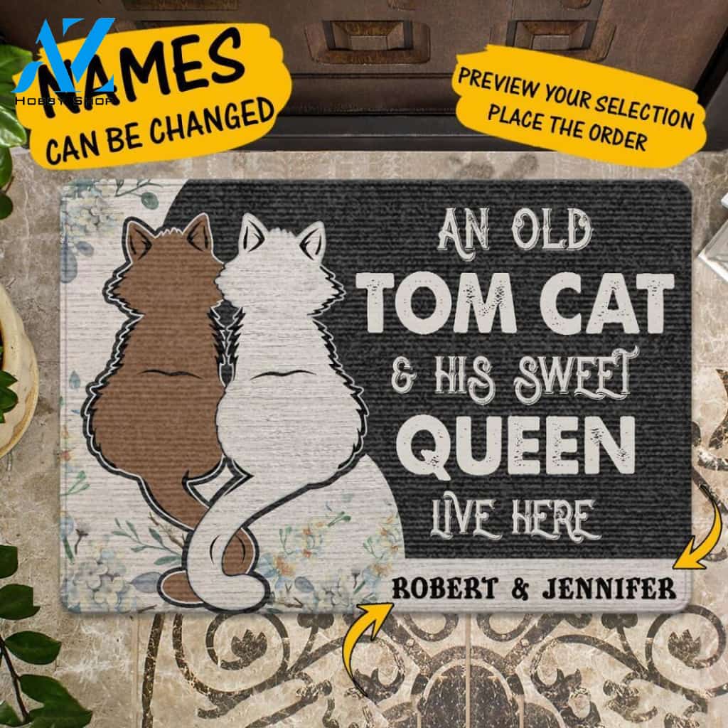 Custom An Old Tom Cat And His Sweet Queen Live Here Doormat | Welcome Mat | House Warming Gift