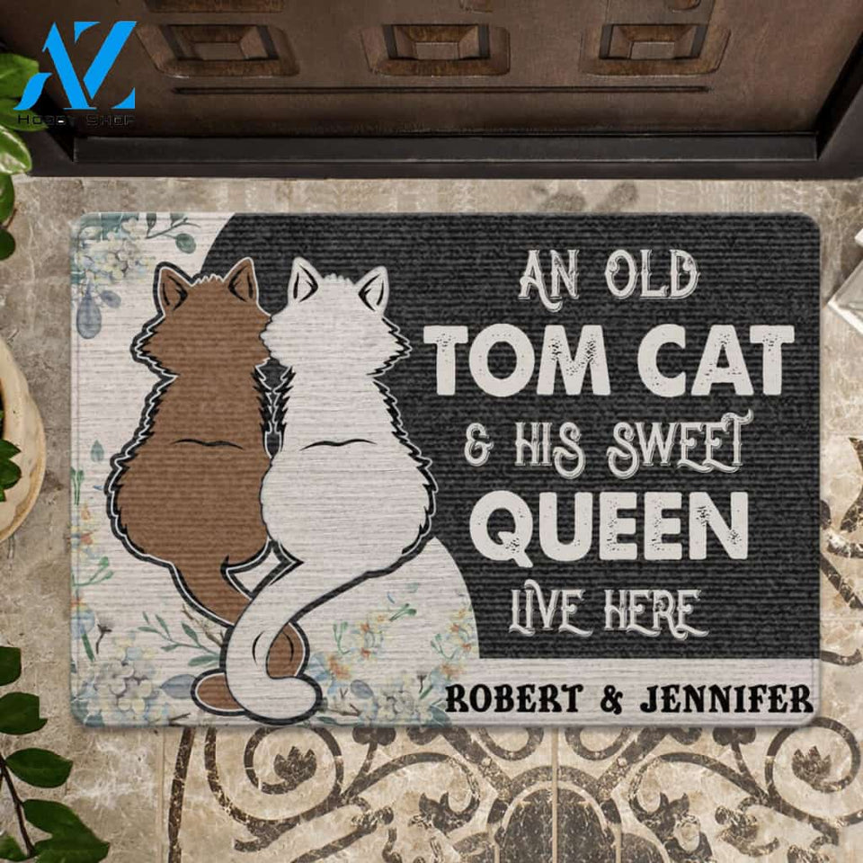 Custom An Old Tom Cat And His Sweet Queen Live Here Doormat | Welcome Mat | House Warming Gift