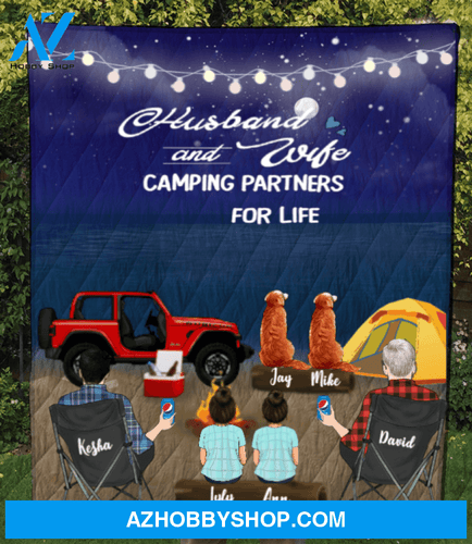 Custom Blanket Gift For Same sex Couples - Personalized Camping Quilt Blanket - Man - Man with 2 kids & 2 pets - Camping partners for life