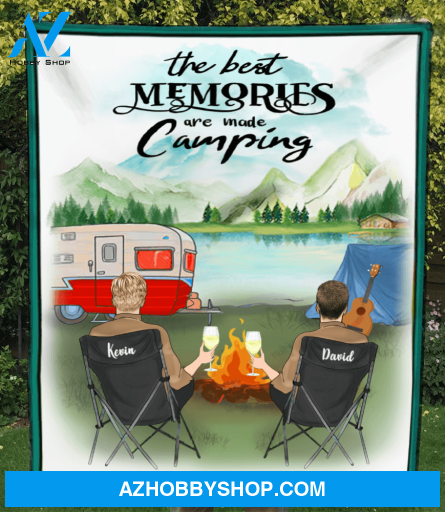 Custom Blanket Gifts For Same sex Couples - Personalized Camping Fleece Blanket, Man - Man with drinks - Camping partners for life