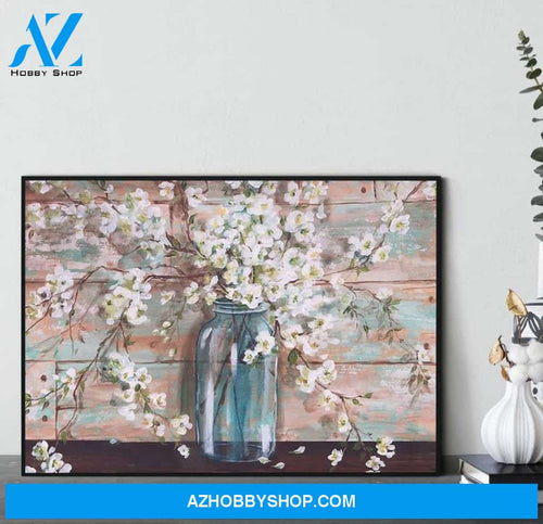 Custom Canvas Flowers In Mason Jar Wall Art, White Cherry Blossom Print, Vintage Canvas, Rustic Farmhouse Wall Decor
