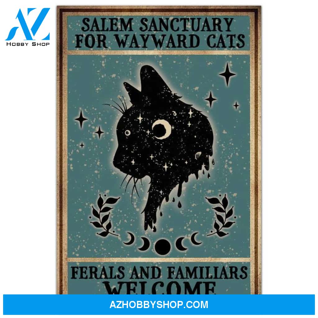 Custom Canvas Gothic Cat Poster, Salem Sanctuary for Wayward Cats Ferals and Familiars Welcome, Vintage Witch Poster