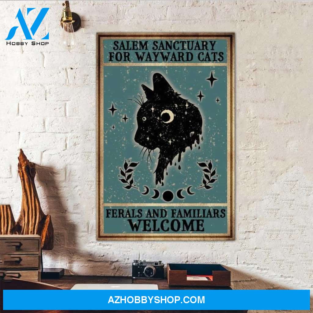 Custom Canvas Gothic Cat Poster, Salem Sanctuary for Wayward Cats Ferals and Familiars Welcome, Vintage Witch Poster