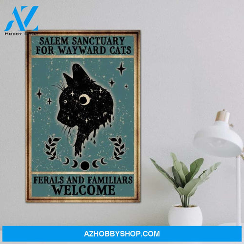Custom Canvas Gothic Cat Poster, Salem Sanctuary for Wayward Cats Ferals and Familiars Welcome, Vintage Witch Poster