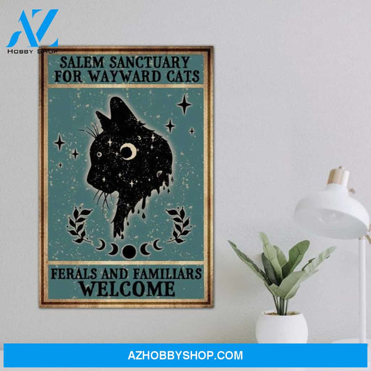 Custom Canvas Gothic Cat Poster, Salem Sanctuary for Wayward Cats Ferals and Familiars Welcome, Vintage Witch Poster