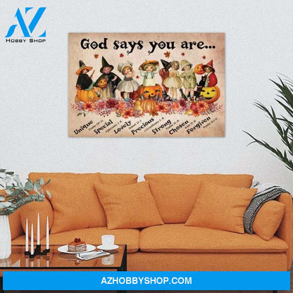 Custom Canvas Halloween , God Says You Are Little Girl , Little Witch , Witches , Halloween Pumpkin