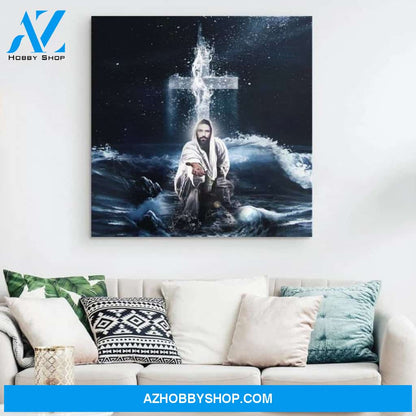 Custom Canvas Jesus Reaching Hand, Jesus Give Me Your Hand Water Ocean Jesus Birthday Gift Hot Christmas Gifts 2021