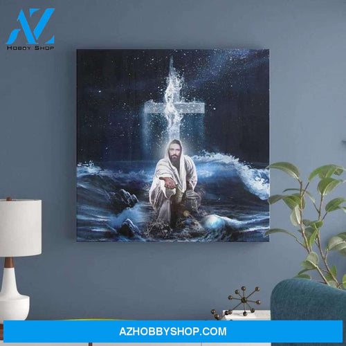 Custom Canvas Jesus Reaching Hand, Jesus Give Me Your Hand Water Ocean Jesus Birthday Gift Hot Christmas Gifts 2021