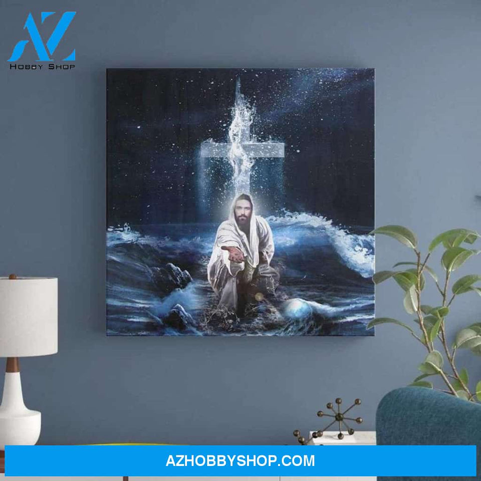 Custom Canvas Jesus Reaching Hand, Jesus Give Me Your Hand Water Ocean Jesus Birthday Gift Hot Christmas Gifts 2021