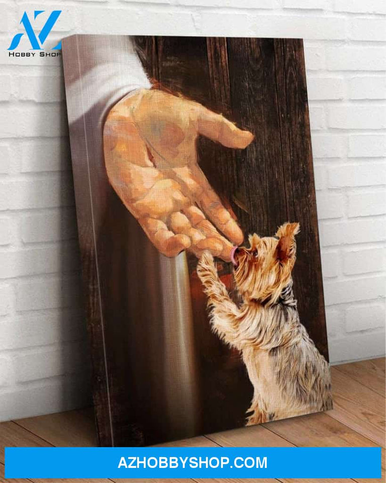 Custom Canvas Jesus - Yorkshire Terrier In The Hand Of God - Dog Canvas Wall Decor Thanksgiving Gift Christmas Gifts 2021