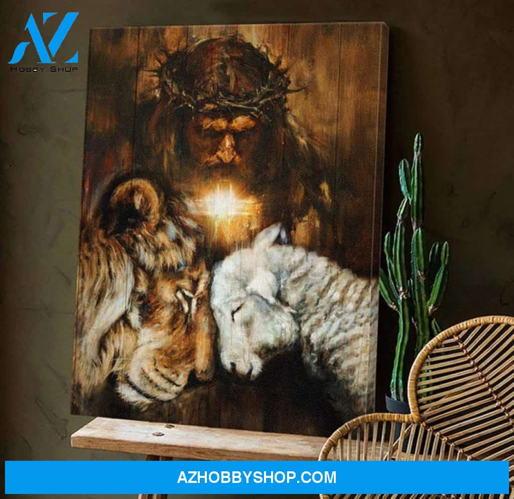 Custom Canvas Lion and sheep in the arms of God, God Canvas Wooden Stretcher