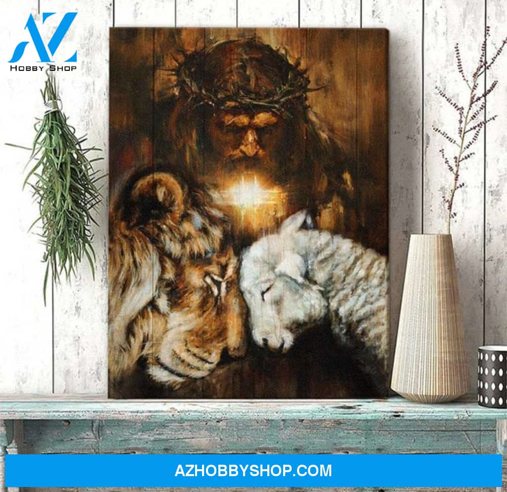 Custom Canvas Lion and sheep in the arms of God, God Canvas Wooden Stretcher