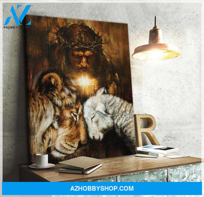 Custom Canvas Lion and sheep in the arms of God, God Canvas Wooden Stretcher