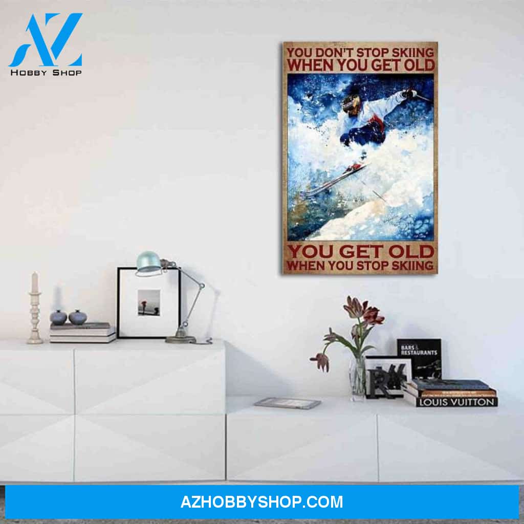 Custom Canvas Never Stop Skiing Vertical Poster, Skiing Travel Poster, Outdoor Adventure, Backcountry Skier, Vintage Ski Poster