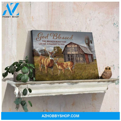 Custom Canvas Personalized Canvas Anniversary Wedding Gift God Blessed The Broken Road Buck and Doe Deer Wall Art Decor