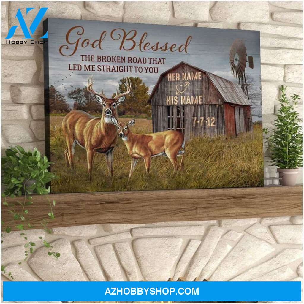 Custom Canvas Personalized Canvas Anniversary Wedding Gift God Blessed The Broken Road Buck and Doe Deer Wall Art Decor
