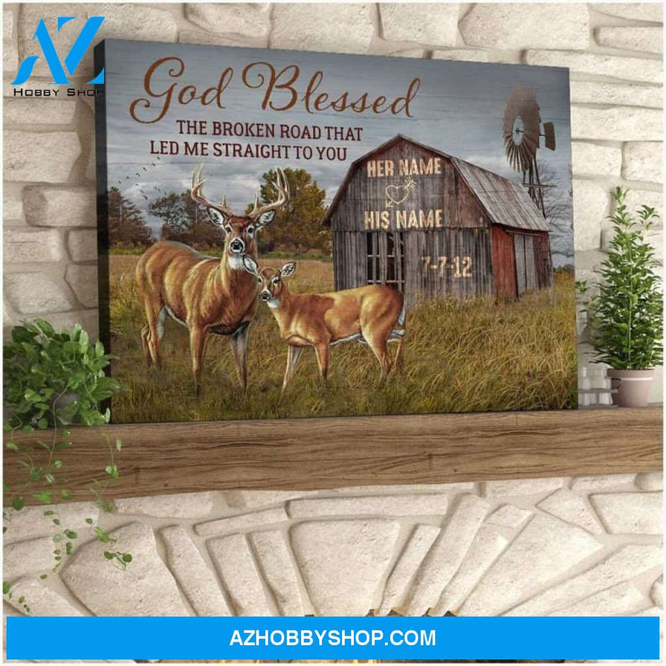 Custom Canvas Personalized Canvas Anniversary Wedding Gift God Blessed The Broken Road Buck and Doe Deer Wall Art Decor