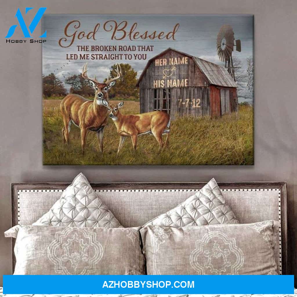 Custom Canvas Personalized Canvas Anniversary Wedding Gift God Blessed The Broken Road Buck and Doe Deer Wall Art Decor