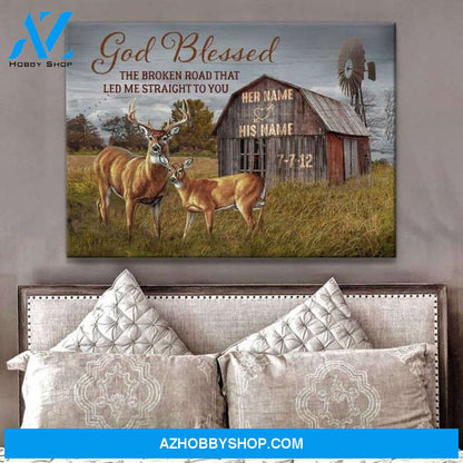 Custom Canvas Personalized Canvas Anniversary Wedding Gift God Blessed The Broken Road Buck and Doe Deer Wall Art Decor