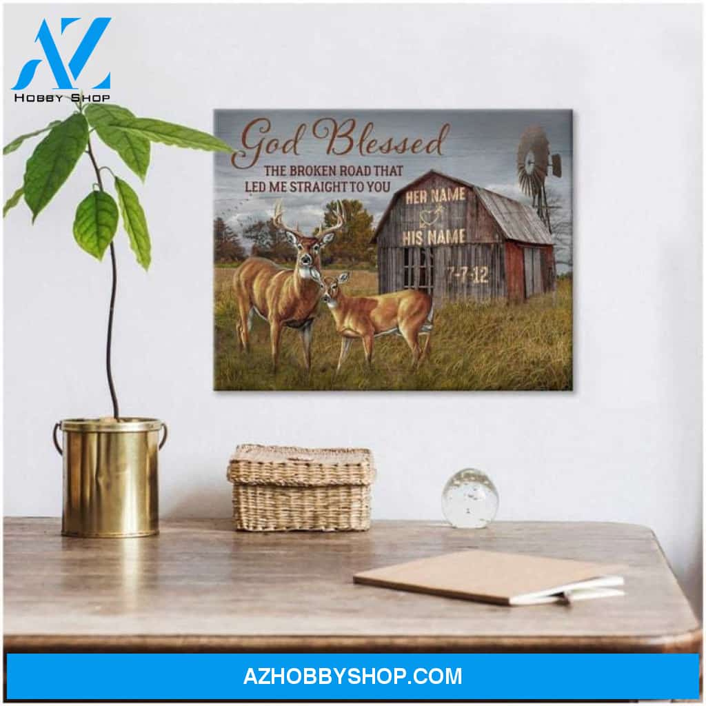 Custom Canvas Personalized Canvas Anniversary Wedding Gift God Blessed The Broken Road Buck and Doe Deer Wall Art Decor