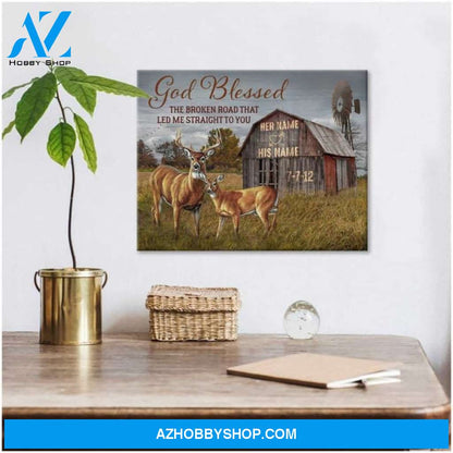 Custom Canvas Personalized Canvas Anniversary Wedding Gift God Blessed The Broken Road Buck and Doe Deer Wall Art Decor