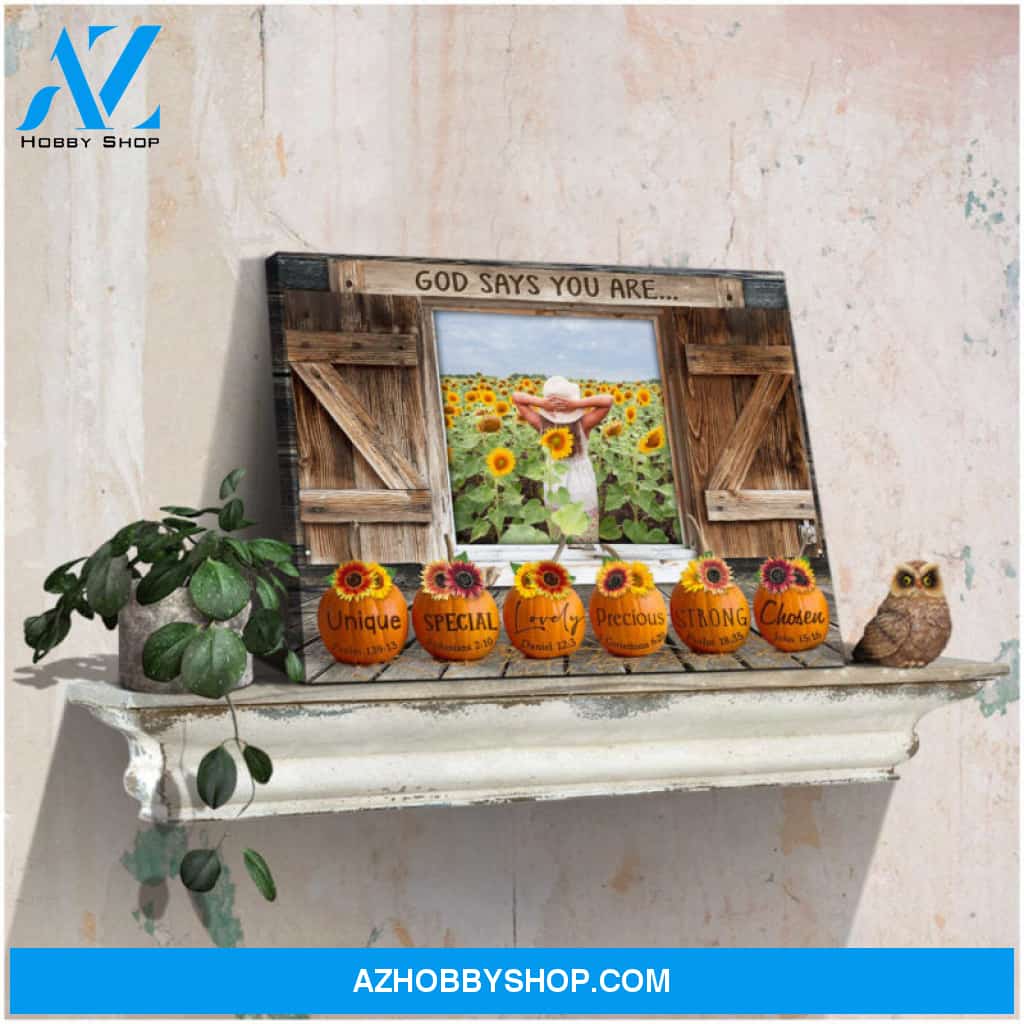 Custom Canvas Personalized Photo Gifts Family Gifts Rustic Window and Sunflower Pumpkin God Says You Are Ohcanvas
