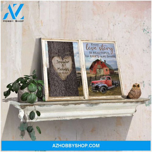 Custom Canvas Prints Anniversary Wedding Gifts Personalized Gifts Carved Heart Tree Red Barn and Pick up Truck Every love story is beautiful Farmhouse Wall Art Decor Ohcanvas